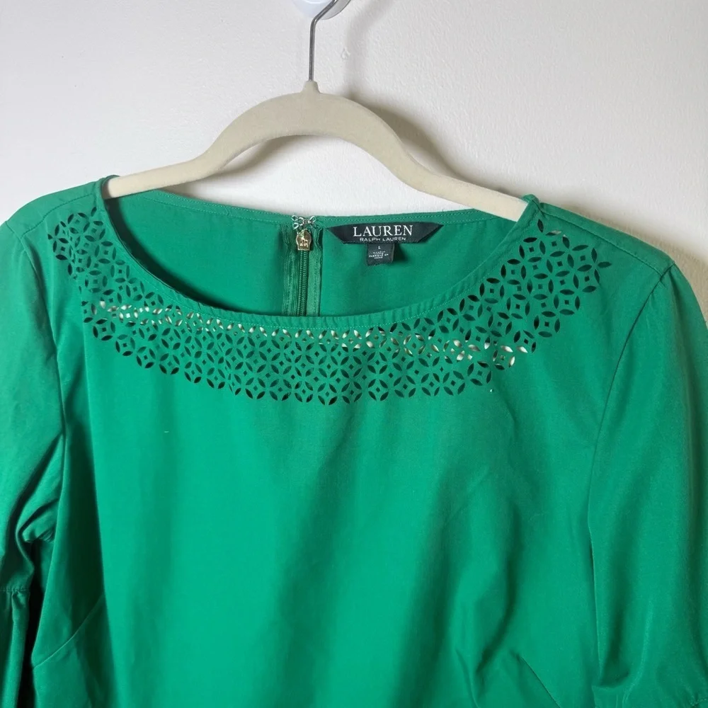 Lauren Ralph Lauren Green Laser Cut Bell Sleeve Poplin Boat Neck Top size Large - Picture 5 of 7